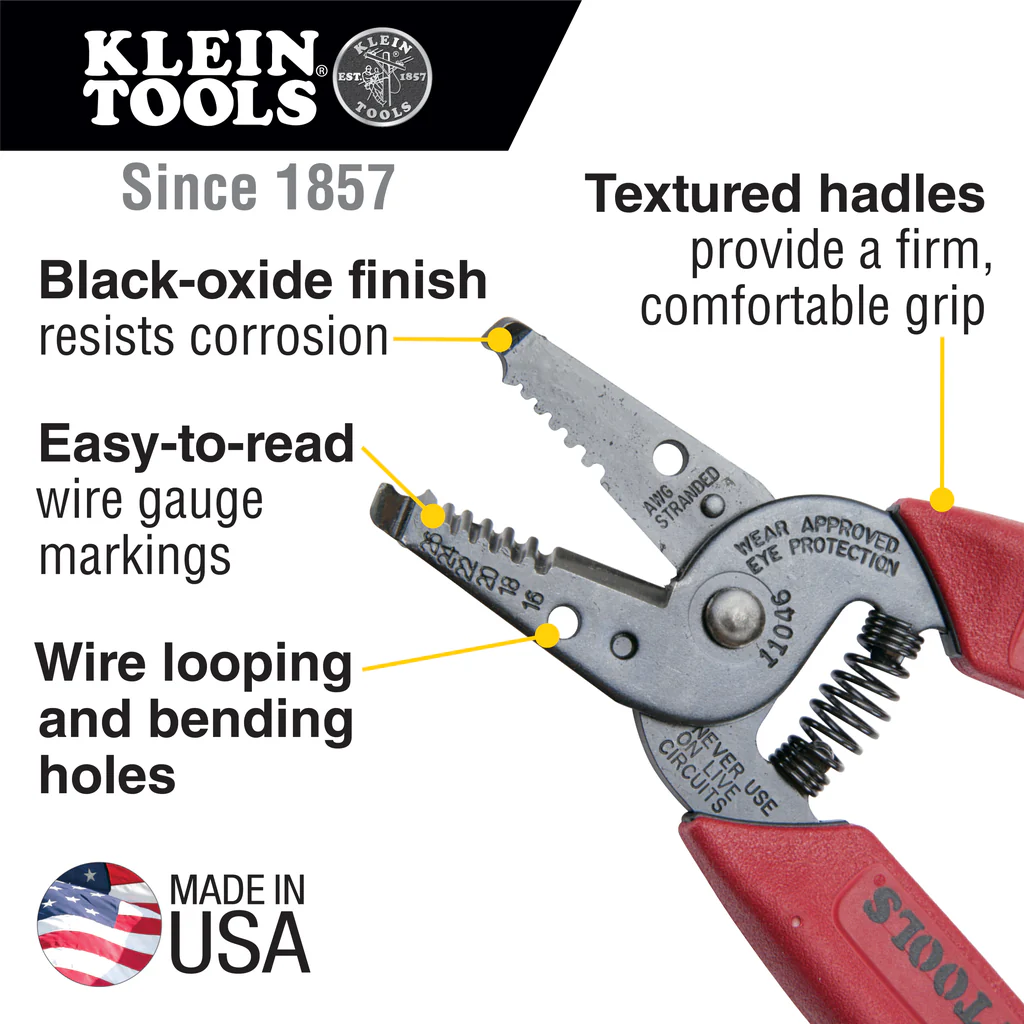Klein Tools, 11046, Wire Stripper/Cutter, 16-26 AWG, Hardened Steel, 6.25 in, Textured Handles, Red - Image 3