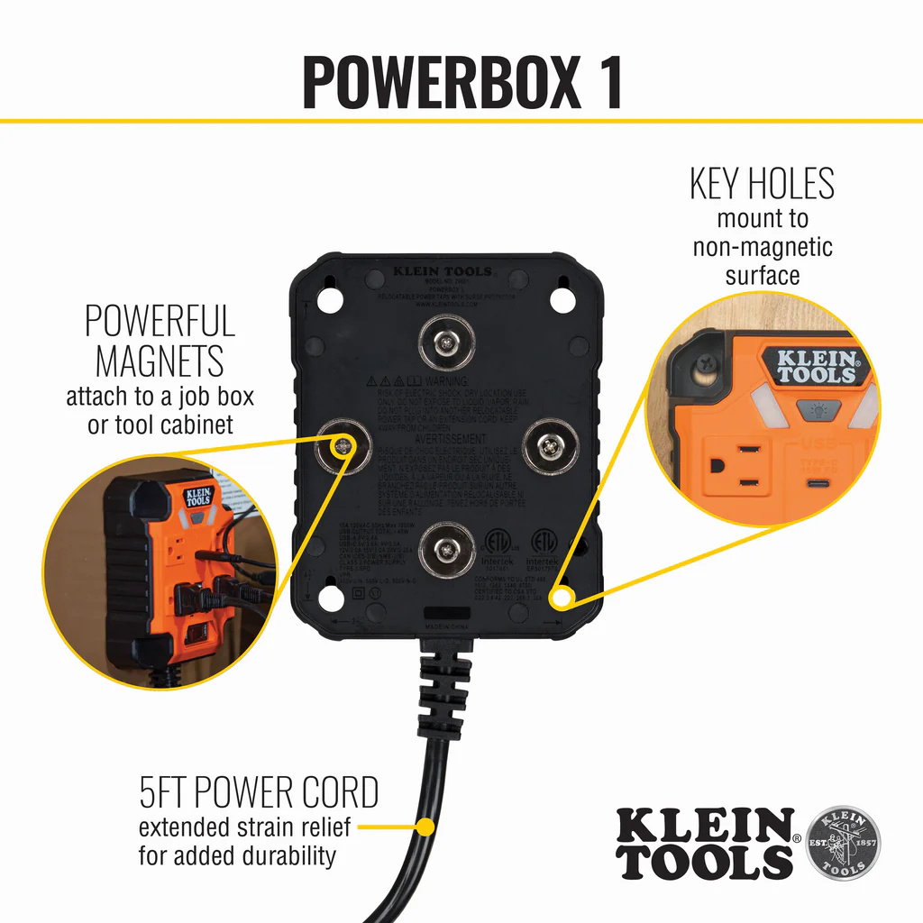 Klein Tools, 29601, Power Strip, 4 x 120V AC Outlets, 2 x USB-A, 1 x USB-C, 1875W, Magnetic Mount, Integrated LED Lights - Image 3