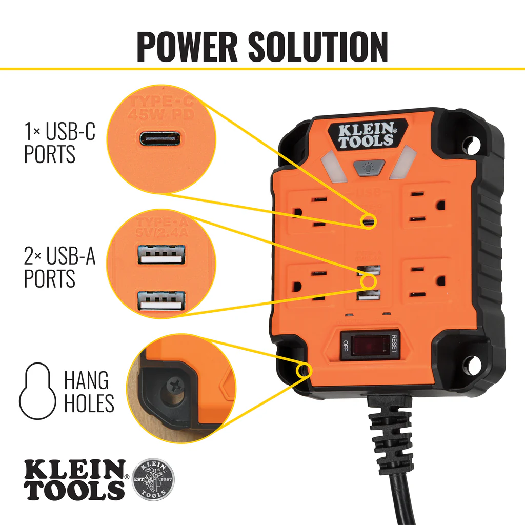 Klein Tools, 29601, Power Strip, 4 x 120V AC Outlets, 2 x USB-A, 1 x USB-C, 1875W, Magnetic Mount, Integrated LED Lights - Image 4