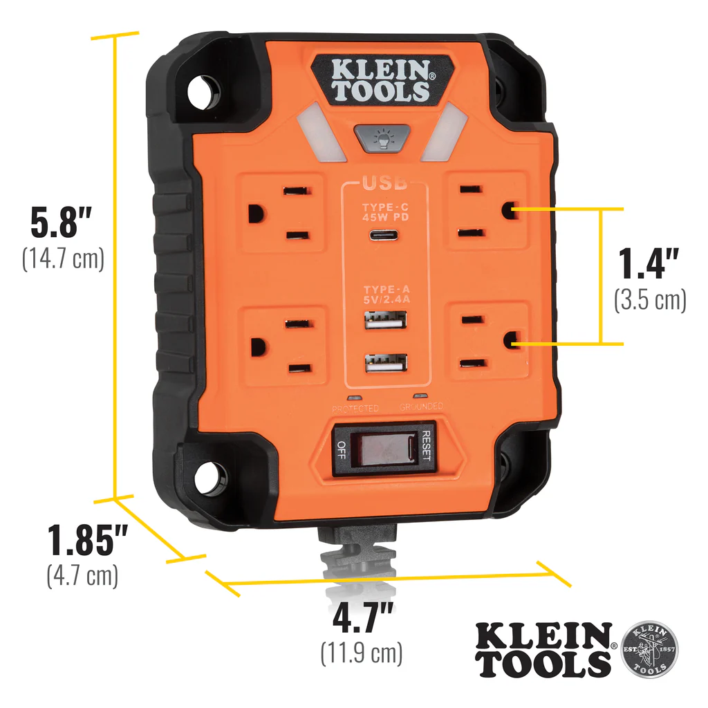 Klein Tools, 29601, Power Strip, 4 x 120V AC Outlets, 2 x USB-A, 1 x USB-C, 1875W, Magnetic Mount, Integrated LED Lights - Image 5