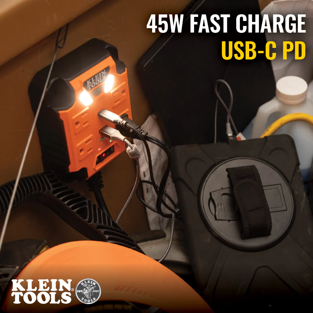 Klein Tools, 29601, Power Strip, 4 x 120V AC Outlets, 2 x USB-A, 1 x USB-C, 1875W, Magnetic Mount, Integrated LED Lights - Image 6
