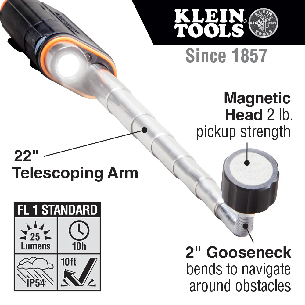 Klein Tools, 56027, Telescoping Magnetic LED Pickup Tool, 22 in Extension, 25 Lumens, Alkaline Batteries - Image 3
